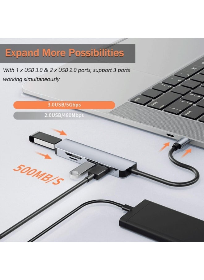 موزع USB-C من الألومنيوم 5 في 1 مع قارئ بطاقة ذاكرة و3 منافذ USB 3.0، لأجهزة الكمبيوتر الشخصية وأجهزة الكمبيوتر المحمولة وأجهزة MacBook Pro/Air وiMac Pro وSurface والكمبيوتر اللوحي  - Image 5