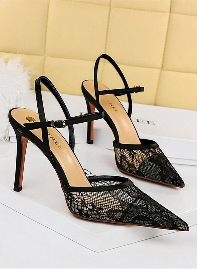 BIGTREE Pointed One-Line High-Heeled Sandals 9CM Black  - Image 1