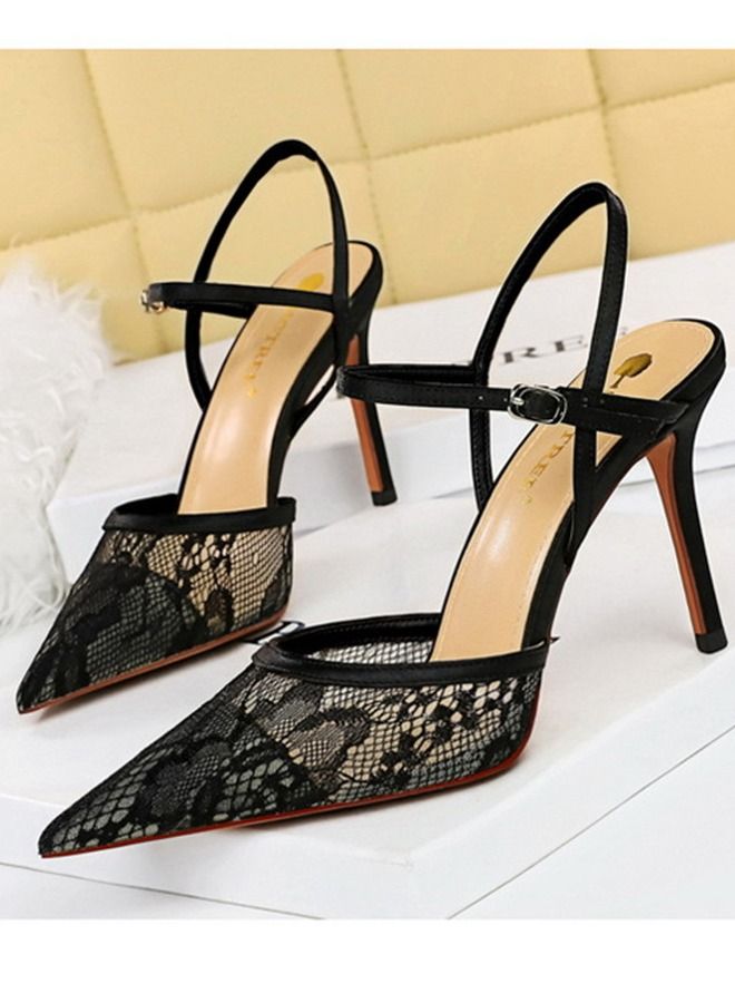 BIGTREE Pointed One-Line High-Heeled Sandals 9CM Black  - Image 2