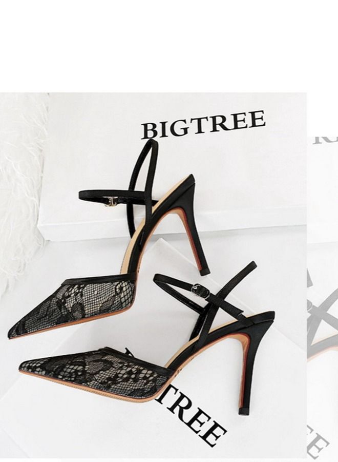 BIGTREE Pointed One-Line High-Heeled Sandals 9CM Black  - Image 3
