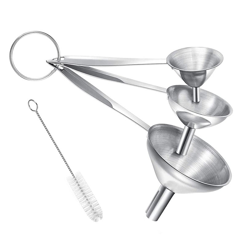 BLIGKO Small Funnels for Filling Bottles, 3 Pcs Stainless Steel Kitchen Funnel Set with Long Handle, Food Grade Mini Metal Funnel for Transferring Oil Liquid, Easy Cleaning with a Brush - Image 1