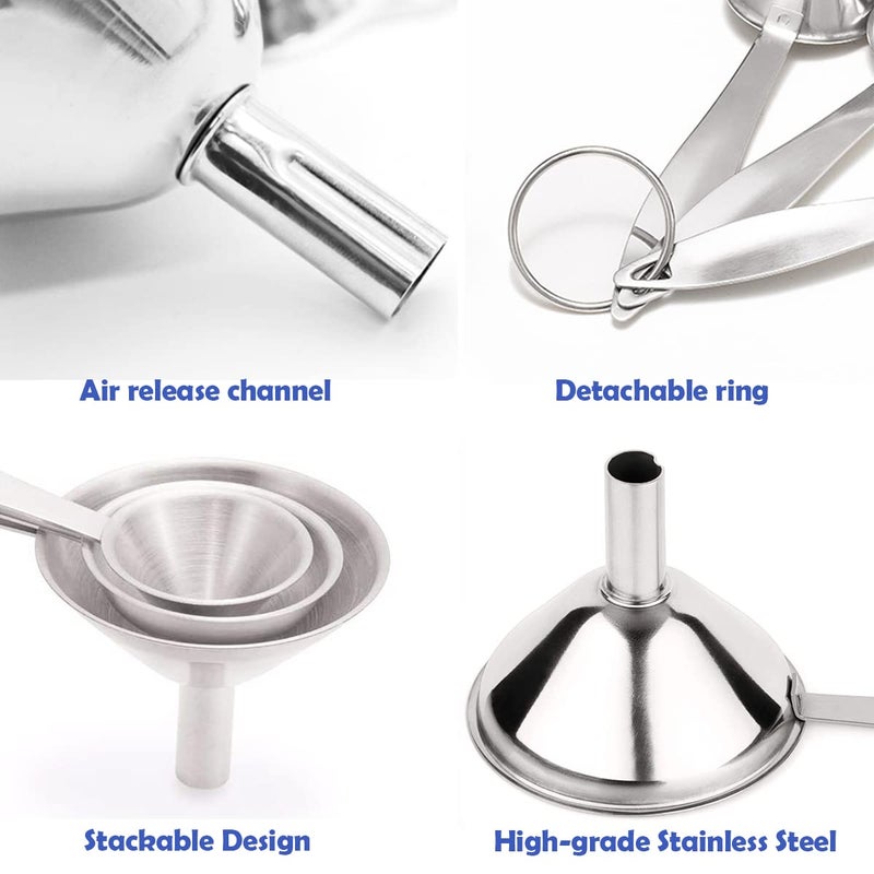 BLIGKO Small Funnels for Filling Bottles, 3 Pcs Stainless Steel Kitchen Funnel Set with Long Handle, Food Grade Mini Metal Funnel for Transferring Oil Liquid, Easy Cleaning with a Brush - Image 3