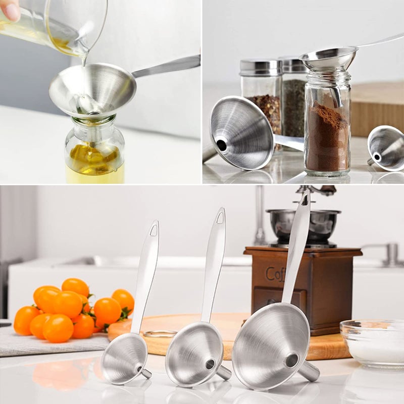 BLIGKO Small Funnels for Filling Bottles, 3 Pcs Stainless Steel Kitchen Funnel Set with Long Handle, Food Grade Mini Metal Funnel for Transferring Oil Liquid, Easy Cleaning with a Brush - Image 2