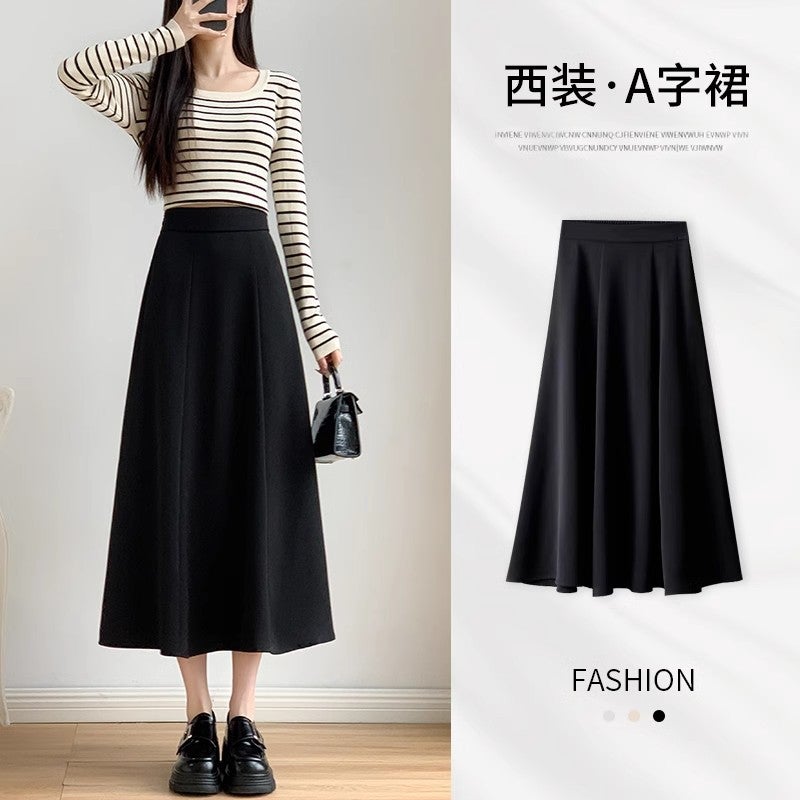 Professional Simple Black Suit Skirt for Women with High Waist, Slim and Drapedy Work Clothing Mid-Length A-Line Skirt, Skirt with Large Hem - Image 2