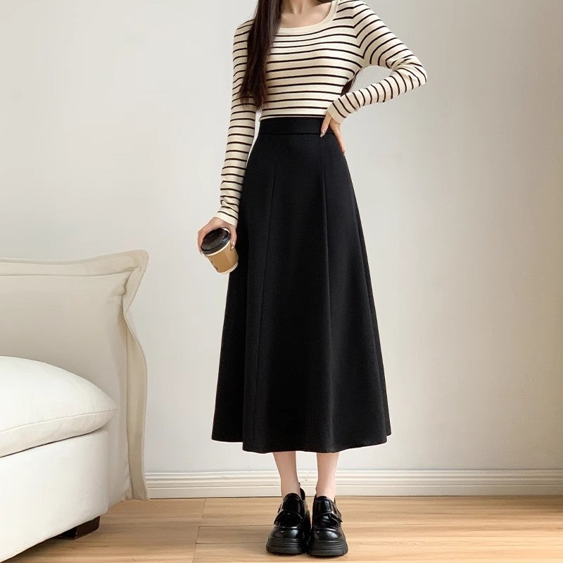 Professional Simple Black Suit Skirt for Women with High Waist, Slim and Drapedy Work Clothing Mid-Length A-Line Skirt, Skirt with Large Hem - Image 1