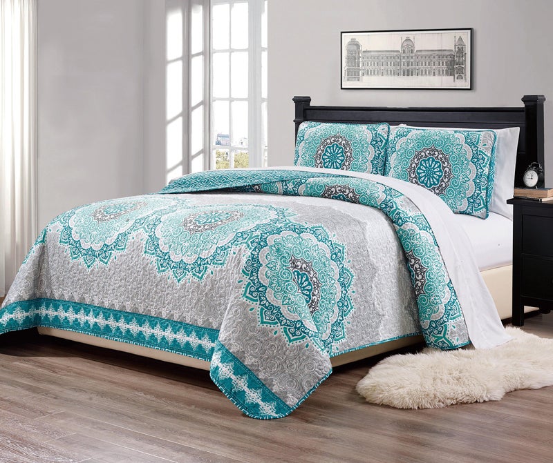 Linen Plus King/California King 3pc Over Size Quilted Bedspread Floral Medallion Turquoise Teal Aqua Coastal Plain/Gray Green New - Image 4