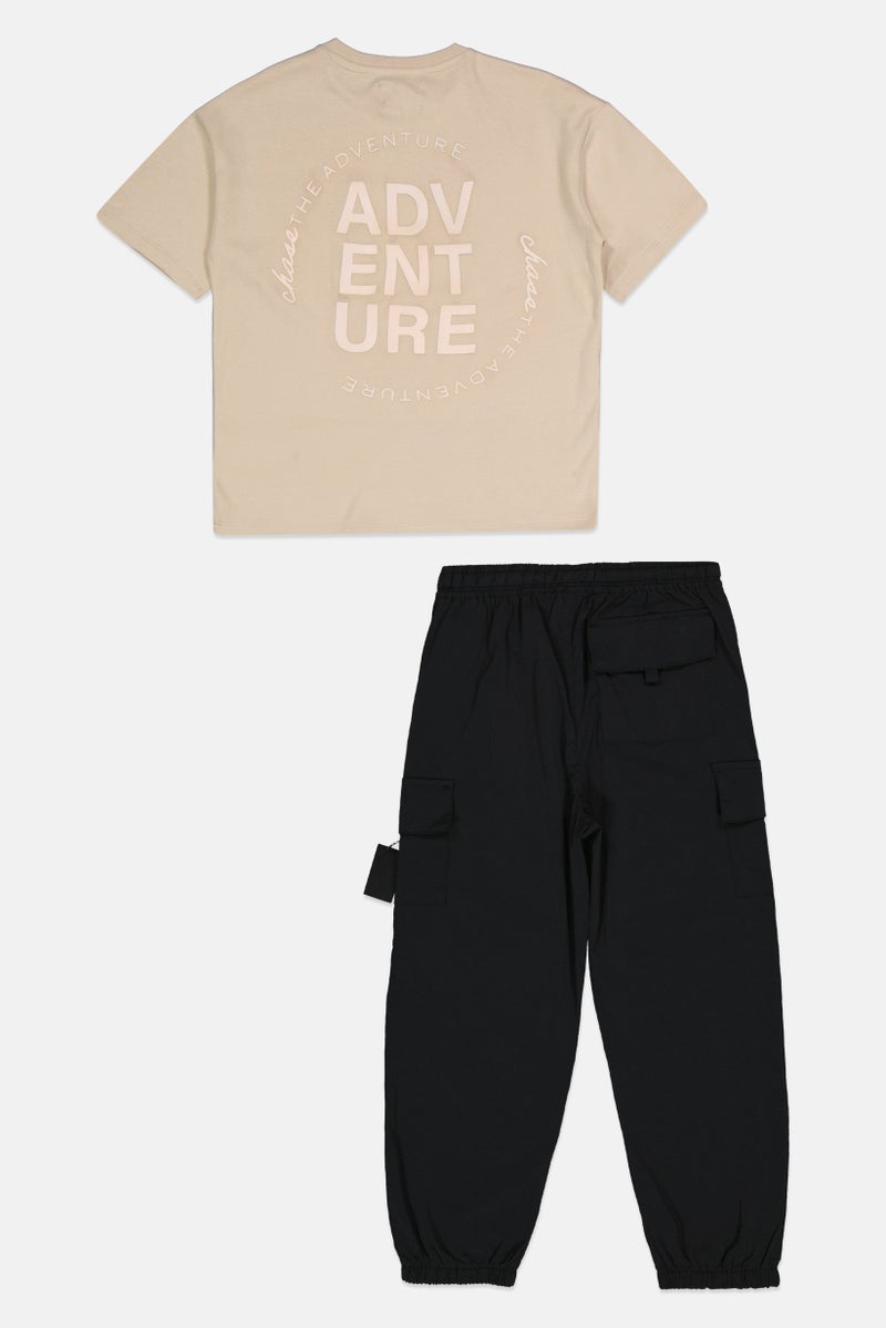 Fudo Kids Boy 2pc Crew Neck Short Sleeves Printed T-shirt And Cargo Pant, Beige/Black  - Image 2
