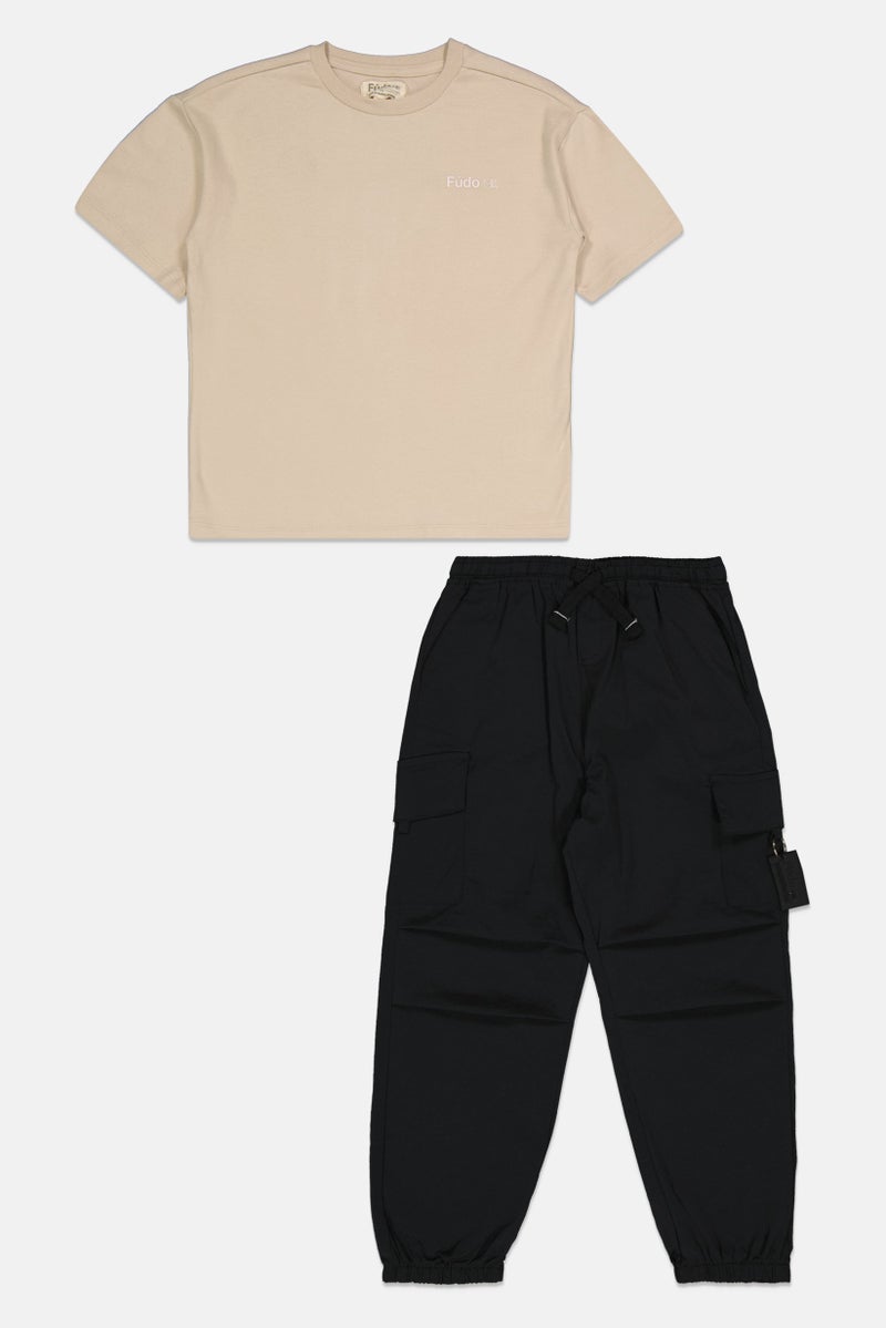 Fudo Kids Boy 2pc Crew Neck Short Sleeves Printed T-shirt And Cargo Pant, Beige/Black  - Image 1