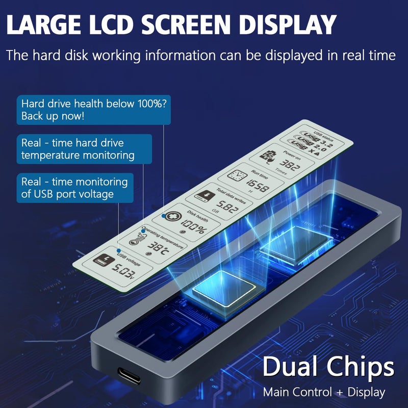 VJK Smart M.2 NVMe SSD Enclosure, Large LCD, Intelligent Detection, Prevents Write Data Loss, USB 3.2, Type-C (10 Gbps), fits NVMe PCIe Size 2230/2242/2260/2280, Support M-Key B+M Key (up to 4TB) - Image 3