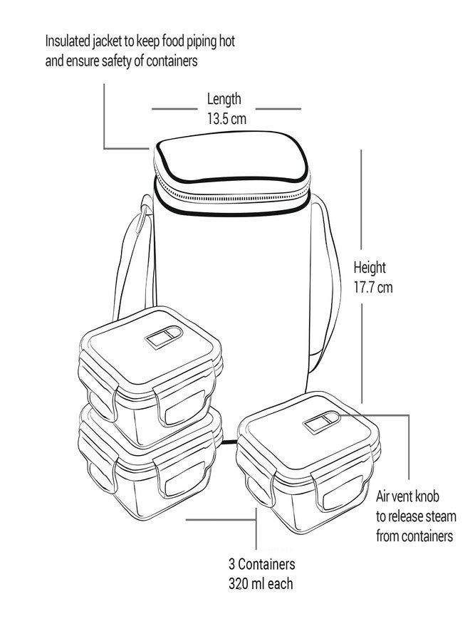 Treo by Milton All Fresh Square Glass Tiffin Containers With Insulated Jacket, 3 Containers, 320 ml Each, Grey | Microwave Safe | Ovensafe | Stackable | Leak Proof | Office | School | College | Picnic - Image 5