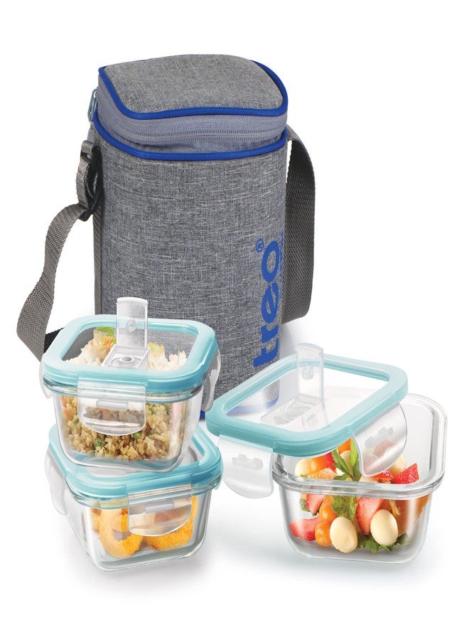 Treo by Milton All Fresh Square Glass Tiffin Containers With Insulated Jacket, 3 Containers, 320 ml Each, Grey | Microwave Safe | Ovensafe | Stackable | Leak Proof | Office | School | College | Picnic - Image 1