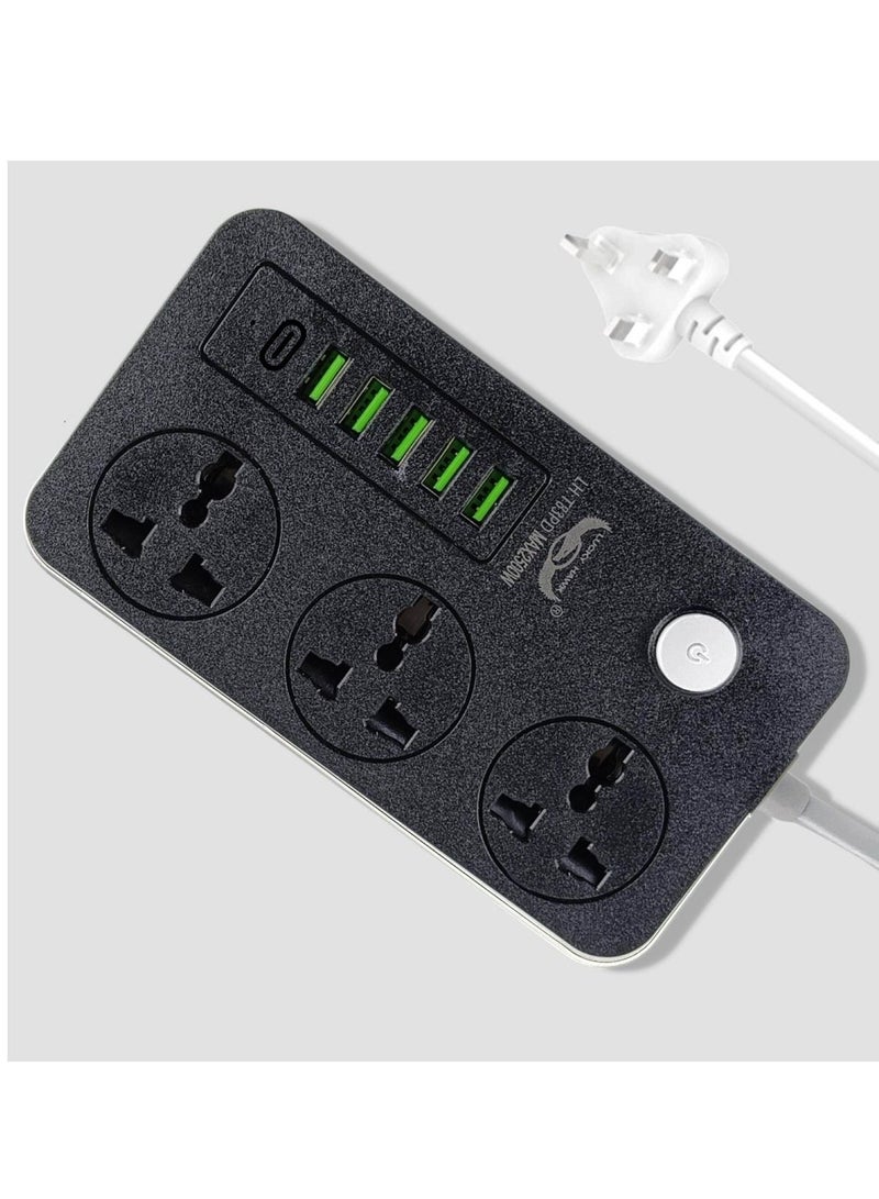 مقبس تمديد متعدد الوظائف للخدمة الشاقة 3 مقبس طاقة مع 5 منافذ USB ووصلة تمديد من النوع C للمكتب والمنزل والمطبخ 2M 3.4A