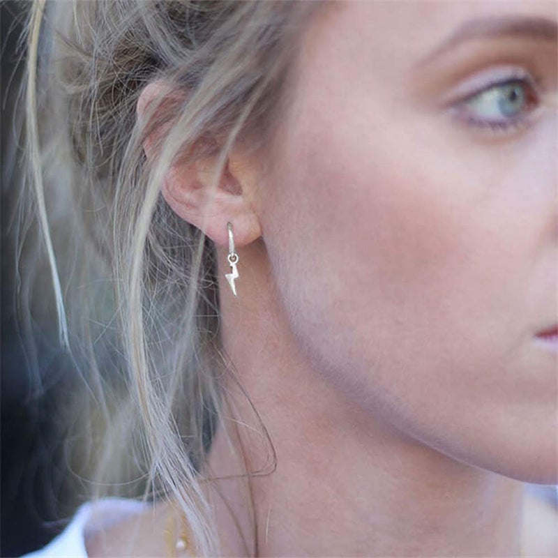 Dtja Small Lightning Bolt Dangle Hoop Earrings for Women Girls Sterling Silver Dipped Huggie Personalized Drop Clip Hypoallergenic Stud Delicate Charm Punk Fashion Jewelry Chic White Gold Plated - Image 2