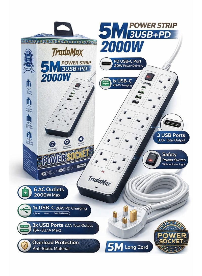 TRADAMIX Tradomax Socket Extension Cord – 2000W Power Strip Extension Wire 5 meter with 6 AC Outlets + 3 USB + 1 PD Type-C | | Anti-Static Protection | White | Includes Anti-Static Protection Heavy-Duty Cable for Safe, Efficient Charging - Image 2