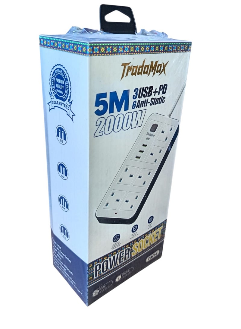 TRADAMIX Tradomax Socket Extension Cord – 2000W Power Strip Extension Wire 5 meter with 6 AC Outlets + 3 USB + 1 PD Type-C | | Anti-Static Protection | White | Includes Anti-Static Protection Heavy-Duty Cable for Safe, Efficient Charging - Image 1