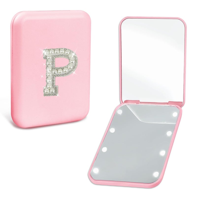 Aganmi Pearl Initial Travel Compact Mirror with Lights Personalized 1X/2X Magnification Mini LED Makeup Mirror for Purse, Pink 2-Sided Portable Pocket Mirror Trendy Gifts for Women Teen Girl (P) - Image 1