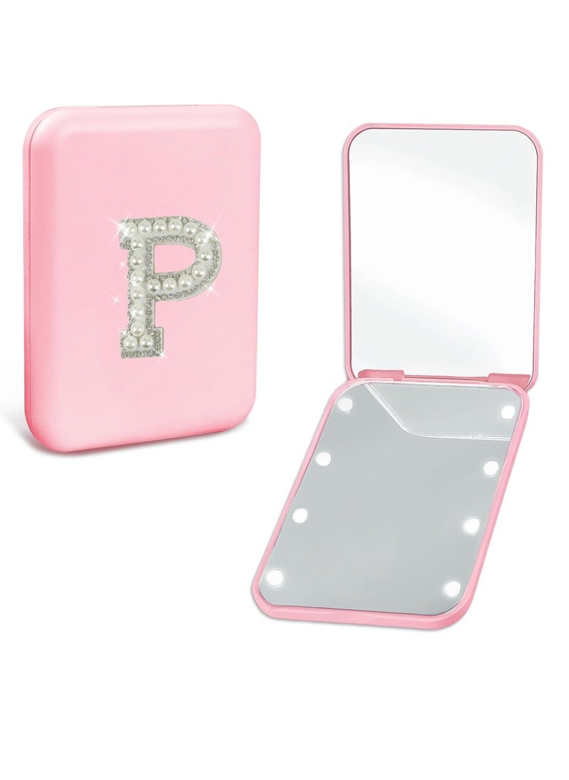 Aganmi Pearl Initial Travel Compact Mirror with Lights Personalized 1X/2X Magnification Mini LED Makeup Mirror for Purse, Pink 2-Sided Portable Pocket Mirror Trendy Gifts for Women Teen Girl (P)  - Image 1