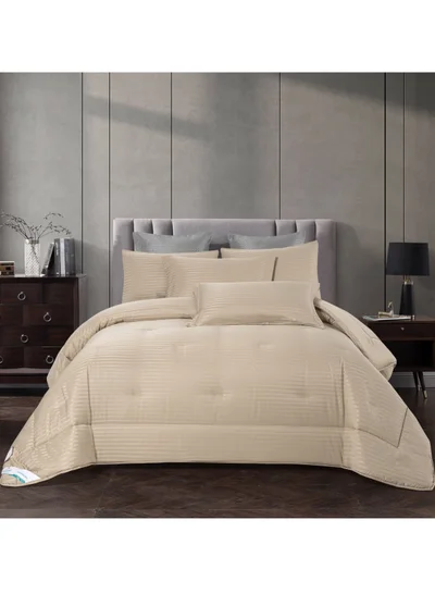 Donetella Comforter Set 6-Pcs King Size Hotel Style Thin Striped Bed Set Fits200 x 200 Cms (350 GSM) With Down Alternative Filling, Beige