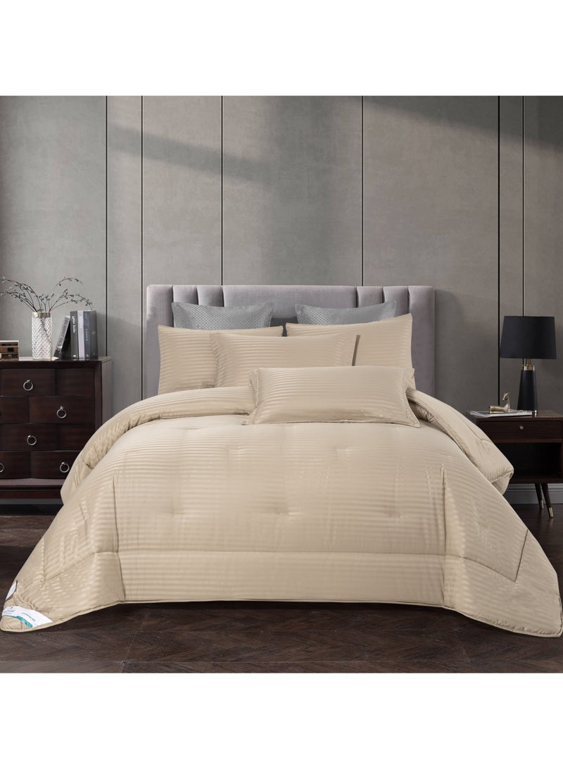 Donetella - Comforter Set 6-Pcs King Size Hotel Style Thin Striped Bed Set Fits200 x 200 Cms (350 GSM) With Down Alternative Filling, Beige - Image 1
