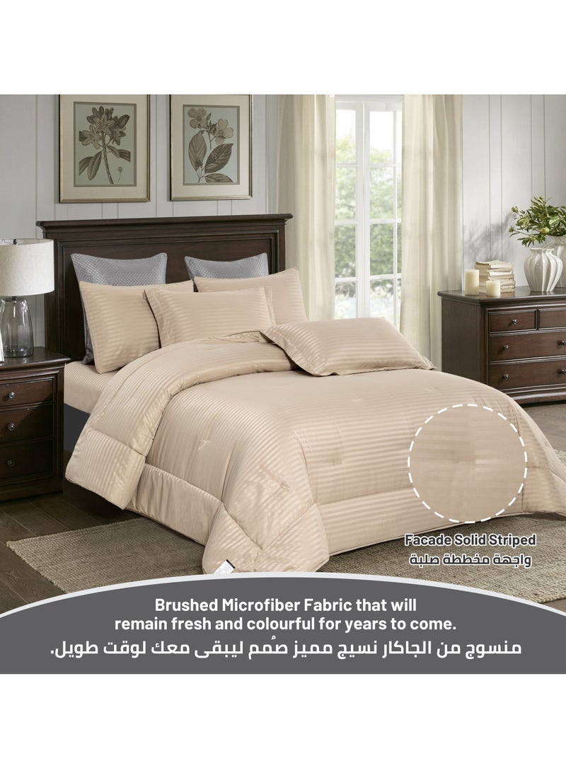Donetella - Comforter Set 6-Pcs King Size Hotel Style Thin Striped Bed Set Fits200 x 200 Cms (350 GSM) With Down Alternative Filling, Beige - Image 1