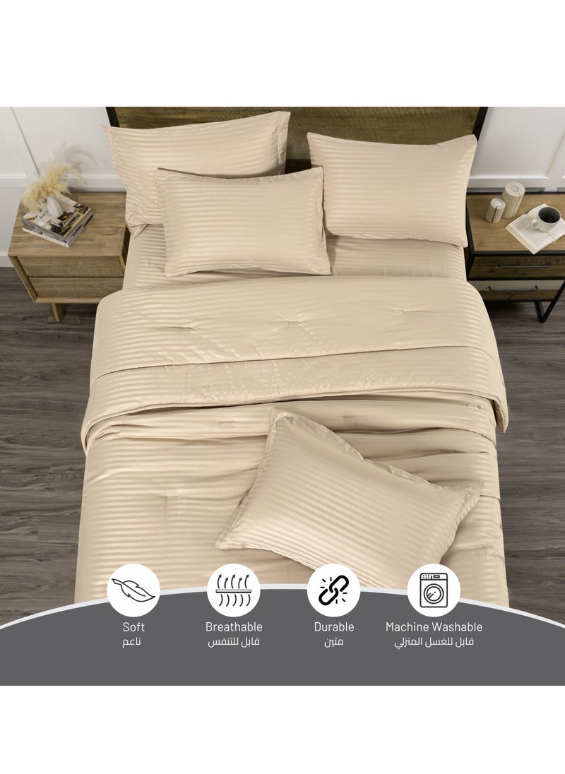 Donetella - Comforter Set 6-Pcs King Size Hotel Style Thin Striped Bed Set Fits200 x 200 Cms (350 GSM) With Down Alternative Filling, Beige - Image 1