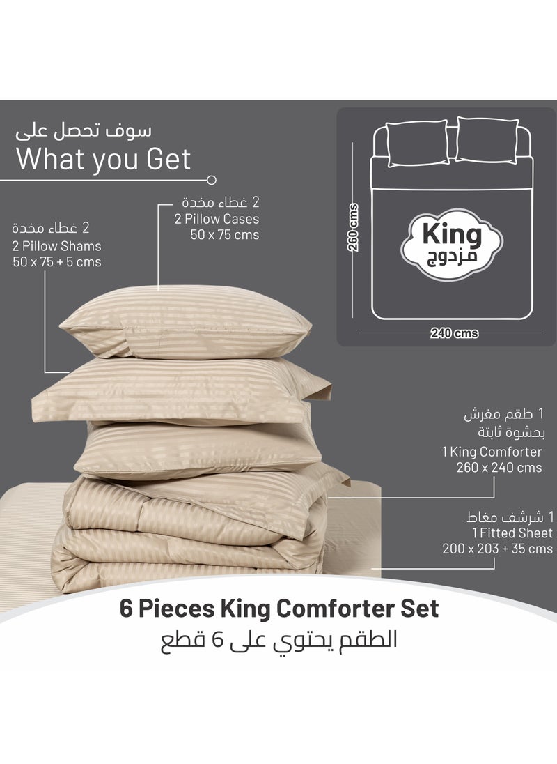 Donetella - Comforter Set 6-Pcs King Size Hotel Style Thin Striped Bed Set Fits200 x 200 Cms (350 GSM) With Down Alternative Filling, Beige - Image 1
