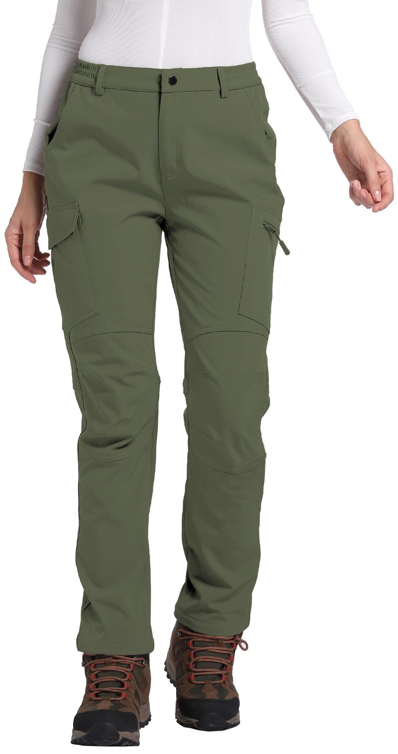 LINLANG EN Women's Fleece Lined Waterproof Hiking Pants Insulated Softshell Warm Outdoor Winter Snow Ski Pants Army Green XL - Image 1