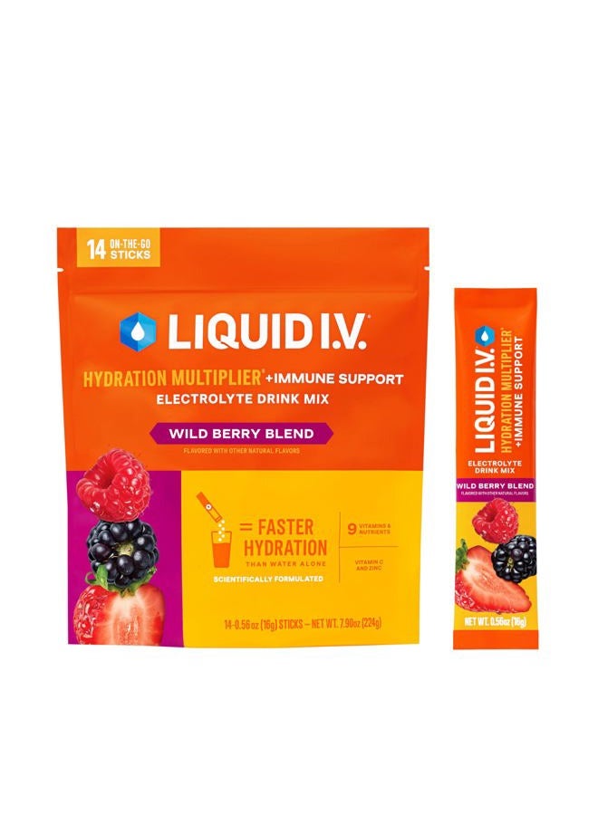 Liquid I.V. ® مضاعف الترطيب® + دعم المناعة - توت بري - عبوات مسحوق الترطيب | خليط مشروب مسحوق الإلكتروليت | أعواد فردية مريحة | غير معدلة وراثيًا | 1 عبوة (14 حصة) - Image 1