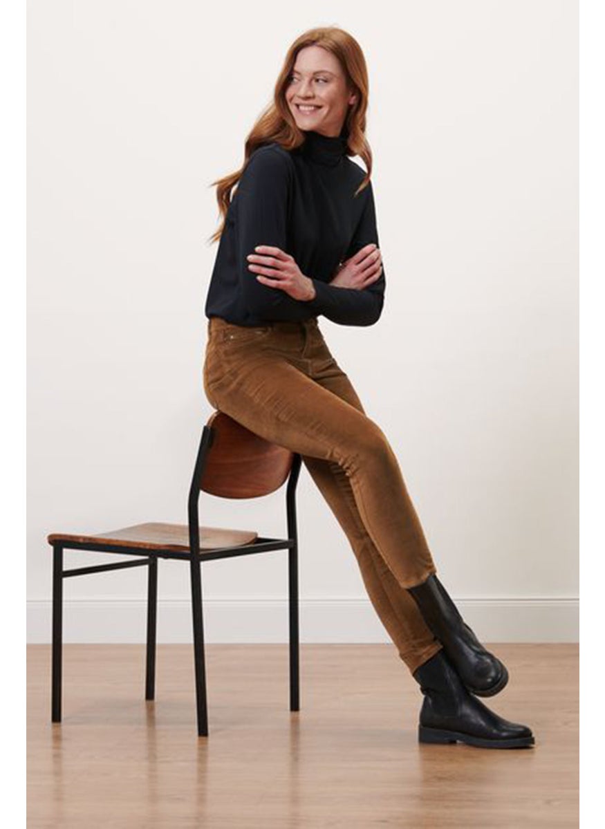 Tchibo Women Slim Fit Velvet Pant, Brown  - Image 1
