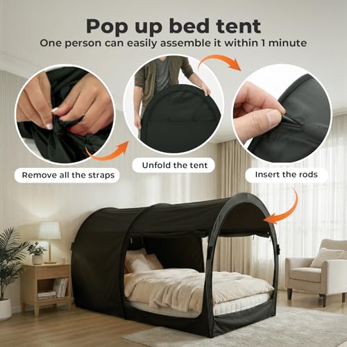 LEEDOR Bed Tent Dream Tents Bed Canopy Shelter Cabin Indoor Privacy Warm Breathable Pop Up Queen Size for Kids and Adult Patent Pending PitchBlack(Mattress Not Included) - Image 4