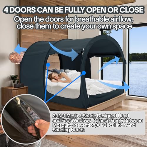 LEEDOR Bed Tent Dream Tents Bed Canopy Shelter Cabin Indoor Privacy Warm Breathable Pop Up Queen Size for Kids and Adult Patent Pending PitchBlack(Mattress Not Included) - Image 5