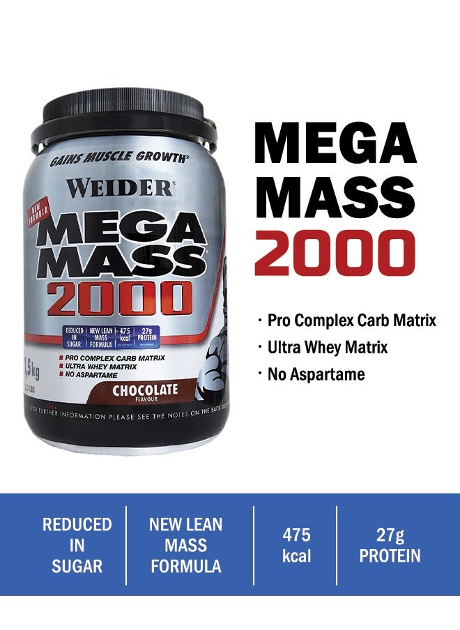 Weider - Mega Mass 2000 - 1.5 kg Chocolate, High-Calorie Mass Gainer for Muscle Growth - Image 1