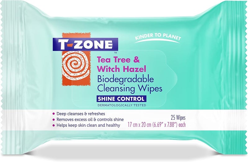 TZone Tea Tree Witch Hazel Biodegradable Cleansing Wipes 25 Pack Deep Cleansing OilControl Face Wipes Removes Dirt Makeup Impurities for Fresh Clearer Skin