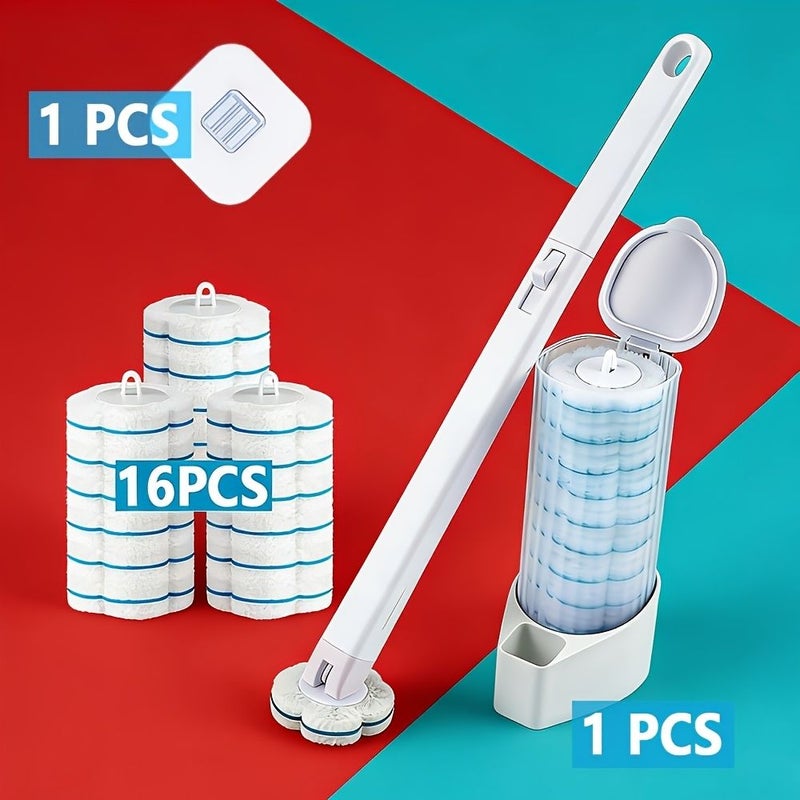 Disposable Toilet Brush Set 18 Piece 1 Brush 16 Blue White Replacement Heads Adhesive Hook Included Easier Cleaning Powerful Stain Removal No Messy Hands - Image 2