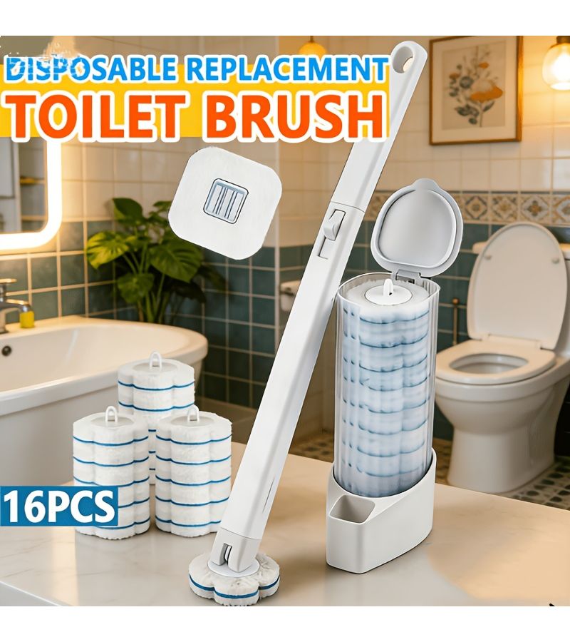 Disposable Toilet Brush Set 18 Piece 1 Brush 16 Blue White Replacement Heads Adhesive Hook Included Easier Cleaning Powerful Stain Removal No Messy Hands - Image 1