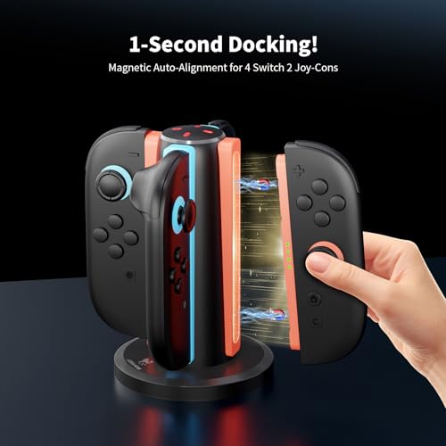AceGamer 4-In-1 Charging Dock for Nintendo Switch 2 Joy-Con in Any Direction, 4-Port Magnetic Charging Station, Vertical Fast Charging Stand with LED Indication and USB Type-C Charger Cable, Black - Image 3