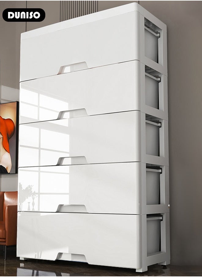 DUNISO 5 Drawers Storage Cabinet Drawer Plastic Containers Box, Portable Drawer Cart Storage Organizer with Wheels, Mobile File Cabinet, Bedside Cupboard, Multifunctional Storage Bin for Office, Wide Slit Cabinet Drawer Unit Multipurpose Mix Drawers for Kitchen Bedroom Bathroom and Living Room  - Image 5