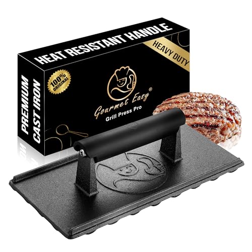 Gourmet Easy 3lb Cast Iron Grill Press, Heavy Duty Smash Burger Press for Griddle Heat Resistant Handle, Burger Smasher, Hamburger Press, Grill Press for Griddle, Bacon Press Meat Press, BBQ Grill Accessories - Image 1