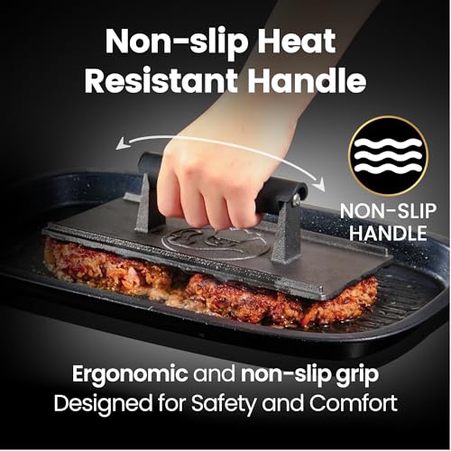 Gourmet Easy 3lb Cast Iron Grill Press, Heavy Duty Smash Burger Press for Griddle Heat Resistant Handle, Burger Smasher, Hamburger Press, Grill Press for Griddle, Bacon Press Meat Press, BBQ Grill Accessories - Image 2
