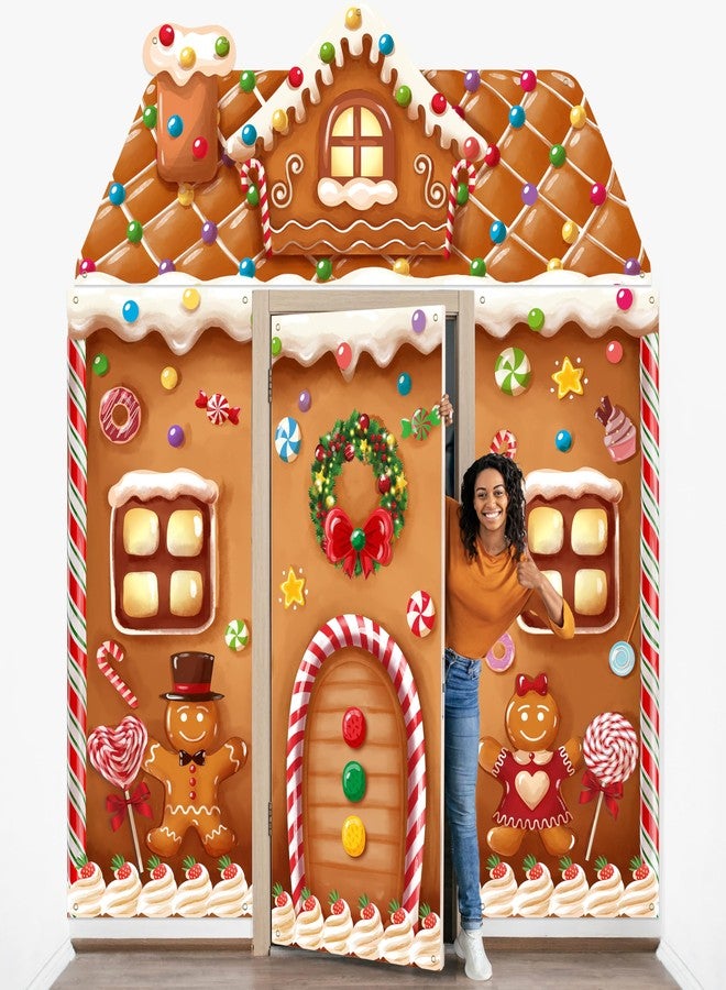 BORAMDO 4 Pcs Christmas Gingerbread House Door Cover Decorations, Xmas Gingerbread Candy Door Backdrop Christmas Hanging Banner Porch Sign for Home Office Classroom Holiday Party Decorations - Image 1