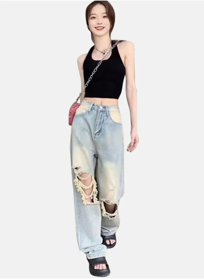 يونيكي Blue Wide Leg High-Rise Highly Distressed Heavy Fade Jeans