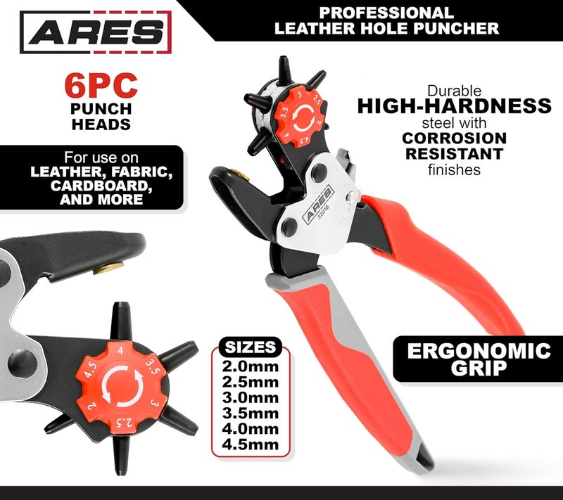 ARES 32016 – Professional Hole Puncher – Heavy Duty Leather Punch Plier Tool for Belts, Watch Bands, Saddles, Shoes, and More – Heavy Duty Rotary Punch Tool for DIY Home Craft - Image 2