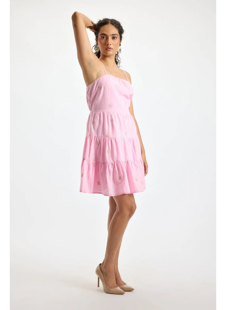 Virgio Virgio Floral Embroidered Shoulder Straps Tiered Cotton Fit & Flare Dress