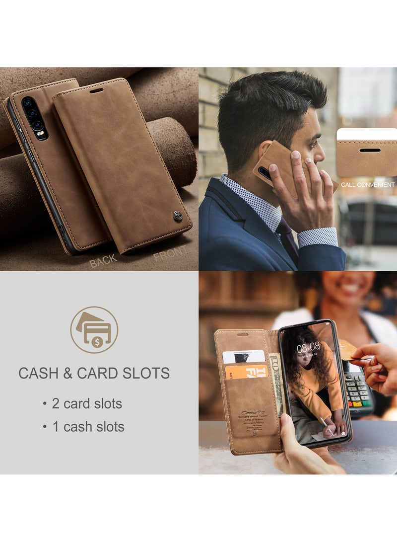 CaseMe Phone Case Luxury PU Leather Design 013 Flip Cover Card Slot Holder Cover For Huawei P30 (Brown) - Image 5