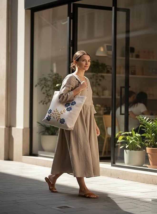 BLENZZA DECO حقيبة كتف وحقيبة يد من قماش الكانفاس القطني الطبيعي من بلينزا ديكو™، مزينة بتطريز عصري، مثالية للنساء، مناسبة للجامعة والتسوق والاستخدام اليومي (16 × 16 بوصة) (التصميم 7) - Image 5