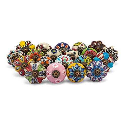 Rasiya Art Dresser Knobs - Pack of 20 - Assorted Colorful Ceramic Drawer Pull Handle Kitchen Cabinet Cupboard Wardrobe Knob - Proudly Made in India - Multicolor - Image 1