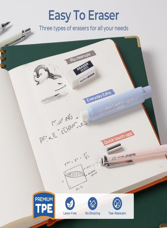 Nicpro Pastel Mechanical Pencil Set, 4PCS 0.7mm Cute Drafting Pencils with 4 Tube HB Lead Refills, 4B Erasers, Rotary Retractable Eraser and Eraser Refill for Writing Sketching Back to School Supplies - Image 4