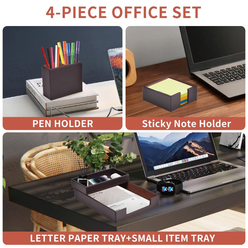 RHCSZ 4 Pack Leather Office Supplies/Desk Organizer for Letter Paper Tray,Sticky Note Holder,Pen Cup,Stackable Small Letter Mail Sorter Tray,Workspace Decor for Women Men (Brown, 4-piece set) - Image 2