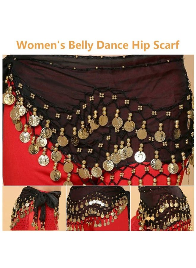 LZYMSZ Belly Dance Hip Scarfs,Girls/Women's Wave Shape Skirts Wrap with 98-Gold Coins,Chiffon Dangling Belly Dance Waist Costume Belt with Bracelets Black - Image 4