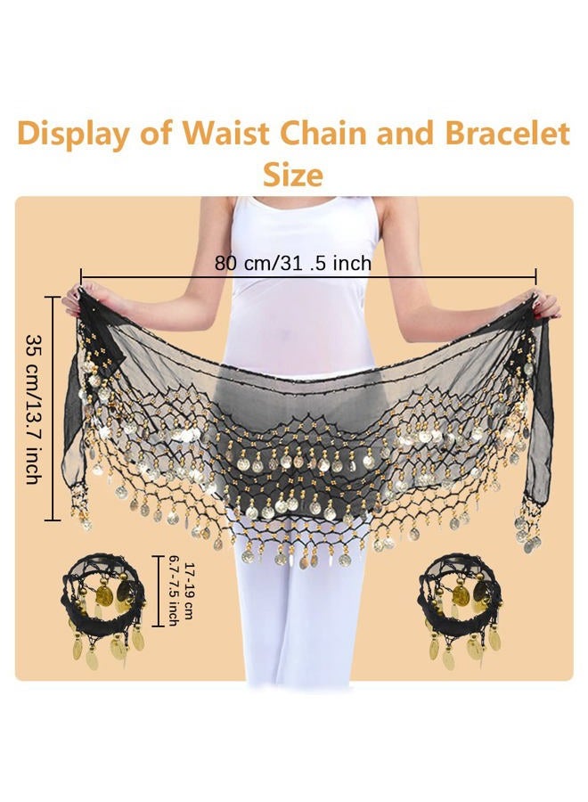 LZYMSZ Belly Dance Hip Scarfs,Girls/Women's Wave Shape Skirts Wrap with 98-Gold Coins,Chiffon Dangling Belly Dance Waist Costume Belt with Bracelets Black - Image 2